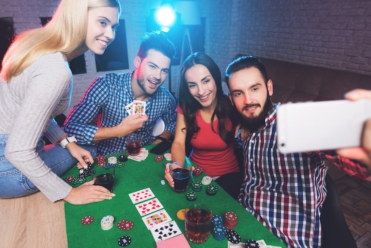 Live casino studio with multiple dealer angles and game interface overlay